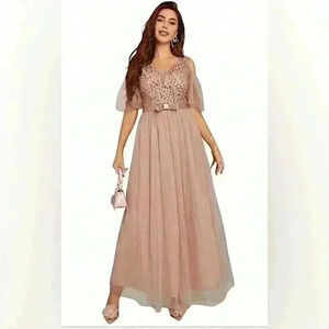 Women's Sequin Panel Hollow Shoulder Mesh Sheer Long Evening Gown Dress XL